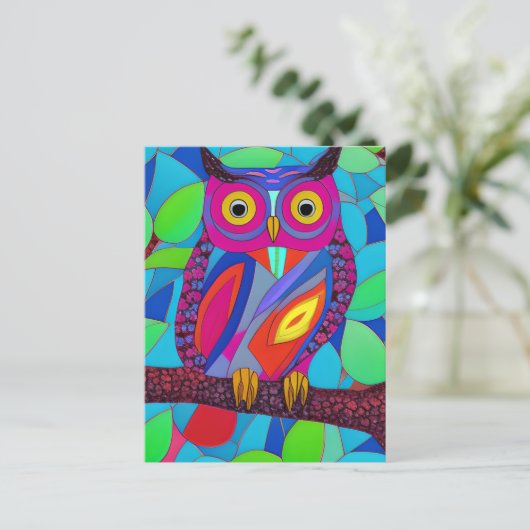 Whimsical Uil met kleurrijke veren Briefkaart (Staand voorkant)