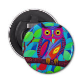 Whimsical Uil met kleurrijke veren Button Flesopener (Voorkant)