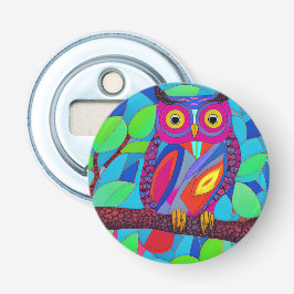 Whimsical Uil met kleurrijke veren Button Flesopener