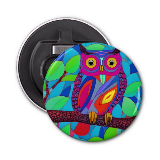 Whimsical Uil met kleurrijke veren Button Flesopener (Voorkant)