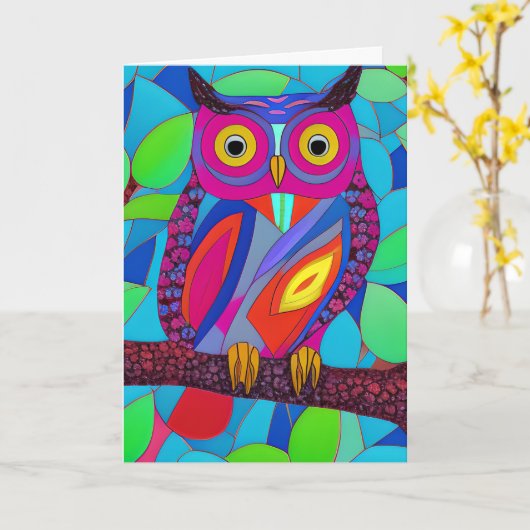 Whimsical Uil met kleurrijke veren Kaart (Gele Bloem)