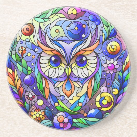 Whimsical Uil Met Saffier Ogen Zandsteen Onderzetter (Voorkant)