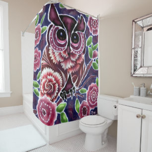 Whimsical Uil op bloeiende tak roze blauw Douchegordijn