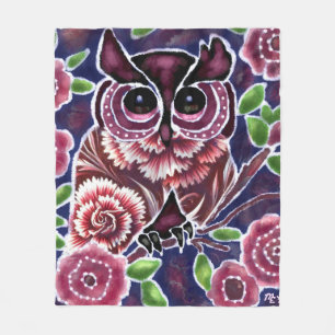 Whimsical Uil op Bloeiende Tak Roze Blauw Fleece Deken