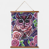Whimsical Uil op bloeiende tak roze blauw Hangend Wandkleed (Voorkant)
