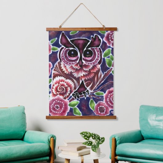Whimsical Uil op bloeiende tak roze blauw Hangend Wandkleed (Woonkamer)