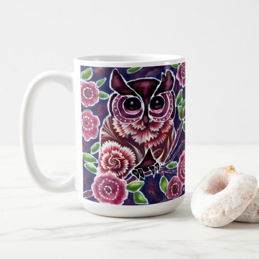 Whimsical Uil op bloeiende tak roze blauw Koffiemok (Met donut)