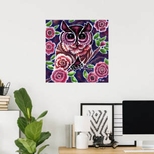 Whimsical Uil op bloeiende tak roze blauw Poster