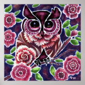 Whimsical Uil op bloeiende tak roze blauw Poster (Voorkant)