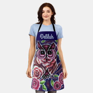 Whimsical Uil op bloeiende tak roze blauw Schort