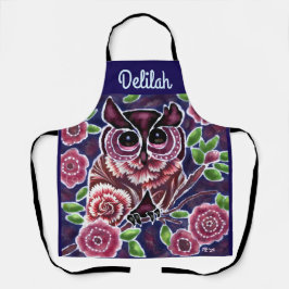 Whimsical Uil op bloeiende tak roze blauw Schort