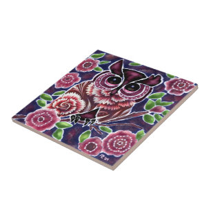 Whimsical Uil op bloeiende tak roze blauw Tegeltje