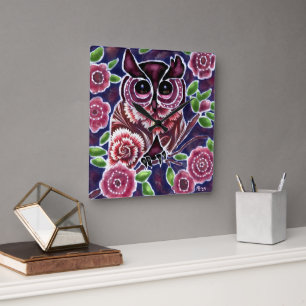 Whimsical Uil op bloeiende tak roze blauw Vierkante Klok
