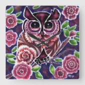 Whimsical Uil op bloeiende tak roze blauw Vierkante Klok (Voorkant)