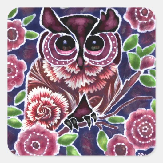 Whimsical Uil op bloeiende tak roze blauw Vierkante Sticker (Voorkant)