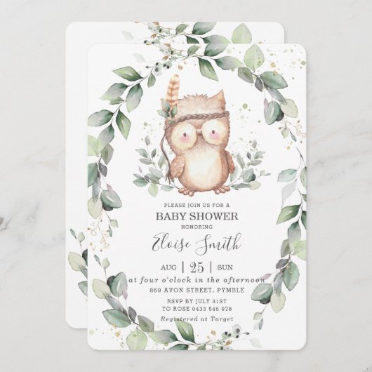 Whimsical Uil Rustiek Groen Neutraal Baby shower Kaart (Voorkant / Achterkant)