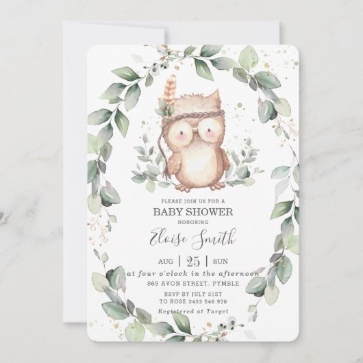 Whimsical Uil Rustiek Groen Neutraal Baby shower Kaart (Voorkant)