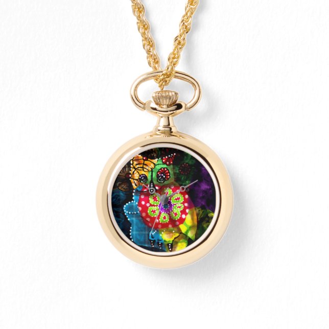 Whimsical Uil Talavera Style Groen Rood Blauw Bloe Horloge (Voorkant)