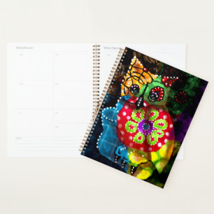 Whimsical Uil Talavera Style Groen Rood Blauw Bloe Planner