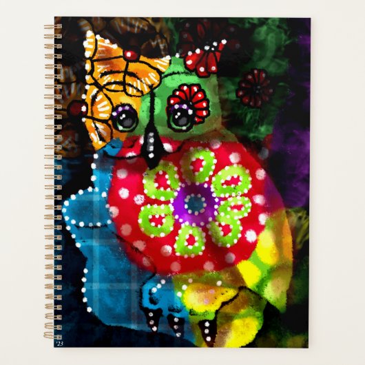 Whimsical Uil Talavera Style Groen Rood Blauw Bloe Planner (Voorkant)