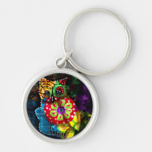 Whimsical Uil Talavera Style Groen Rood Blauw Bloe Sleutelhanger
