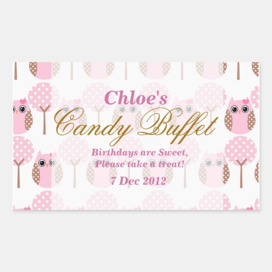 Whimsical Uil Verjaardag Snoep Buffet Sticker (Voorkant)