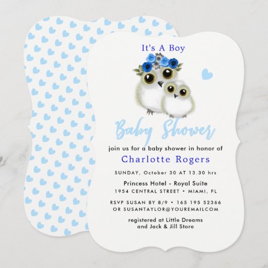 Whimsical Uilen Schattigee Baby Boy Shower Kaart (Voorkant / Achterkant)