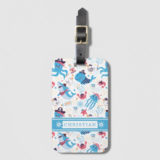 Whimsical under the Zee Pirate Nautical Thema Kind Bagagelabel (Voorkant (verticaal))