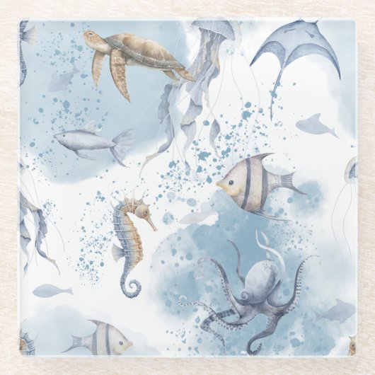 Whimsical Underwater World – Sea Creatures Pattern Glazen Onderzetter (Voorkant)