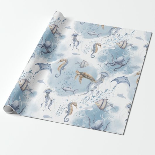 Whimsical Underwater World - Zee Creatures Pattern Cadeaupapier (Uitgerold)