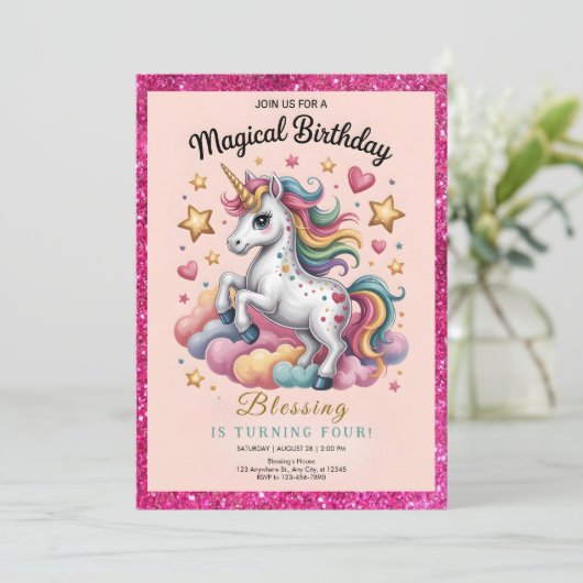 Whimsical Unicorn 4th Birthday Kaart (Staand voorkant)