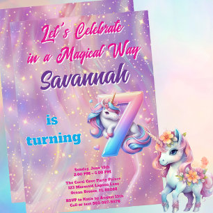 Whimsical Unicorn 7e verjaardagsfeestje Uitnodigen Kaart