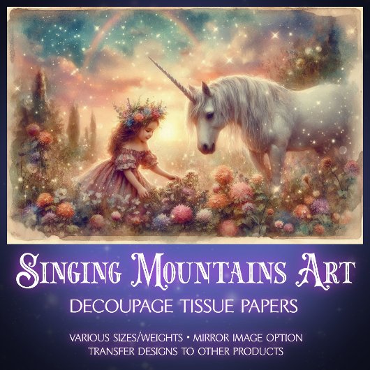 Whimsical Unicorn And Girl Fantasy Art Decoupage Tissuepapier