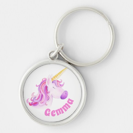 Whimsical unicorn art head gepersonaliseerd roze sleutelhanger (Voorkant)