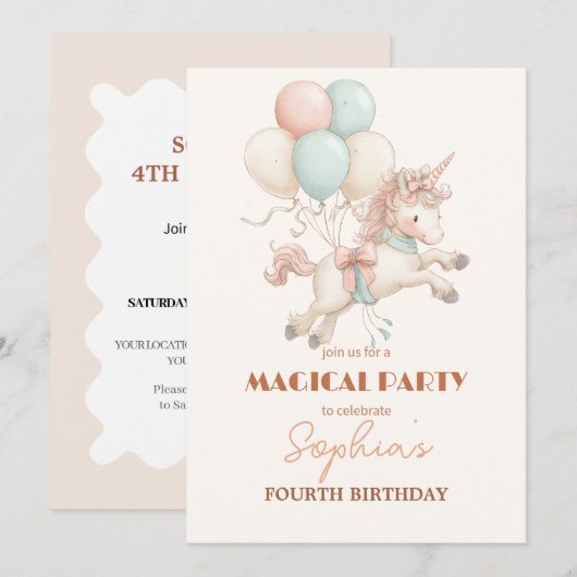 Whimsical Unicorn & Balloons Party Kaart (Voorkant / Achterkant)