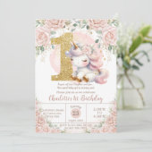 Whimsical Unicorn Blush Roze Bloemen 1e Verjaardag Kaart (Staand voorkant)