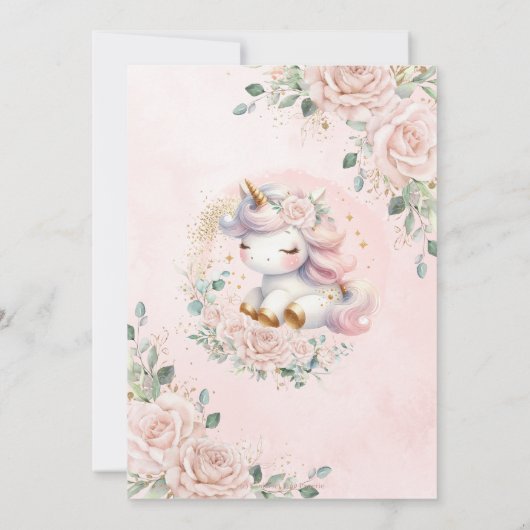 Whimsical Unicorn Blush Roze Bloemen 1e Verjaardag Kaart (Achterkant)