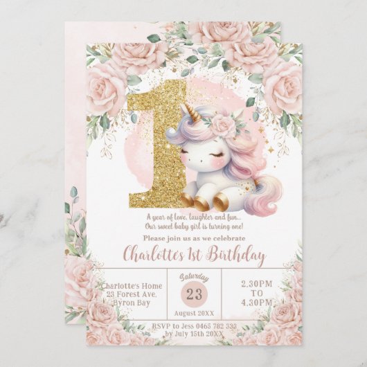 Whimsical Unicorn Blush Roze Bloemen 1e Verjaardag Kaart (Voorkant / Achterkant)