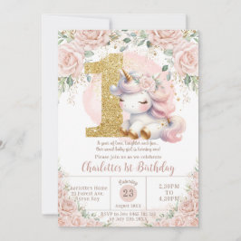 Whimsical Unicorn Blush Roze Bloemen 1e Verjaardag Kaart