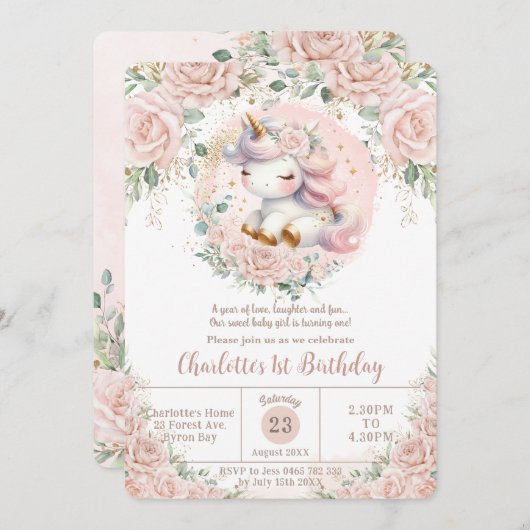 Whimsical Unicorn Blush Roze Bloemen Verjaardagsfe Kaart (Voorkant / Achterkant)