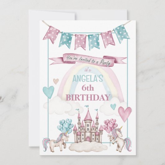 Whimsical Unicorn Castle Birthday  Invitation Kaart (Voorkant)