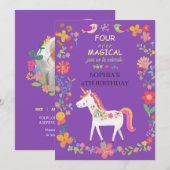 Whimsical Unicorn & Flowers Uitnodiging (Voorkant / Achterkant)