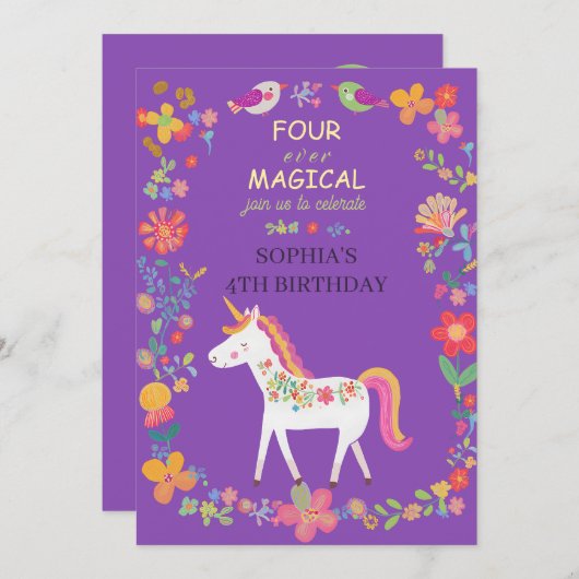 Whimsical Unicorn & Flowers Uitnodiging (Voorkant / Achterkant)