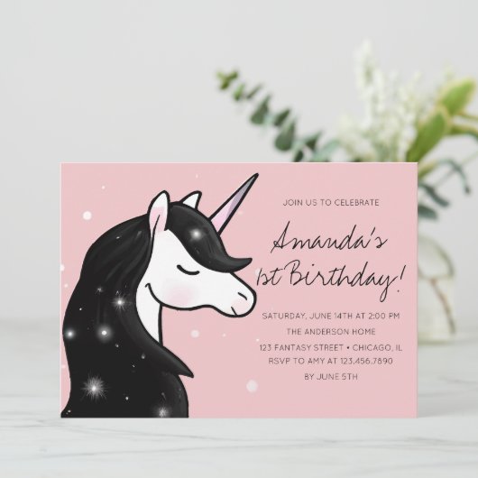 Whimsical Unicorn Girl Verjaardagsfeestje Kaart (Staand voorkant)