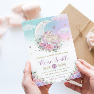 Whimsical Unicorn Moon Paars Floral Baby shower Kaart