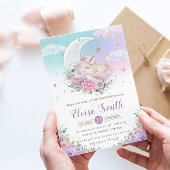 Whimsical Unicorn Moon Paars Floral Baby shower Kaart