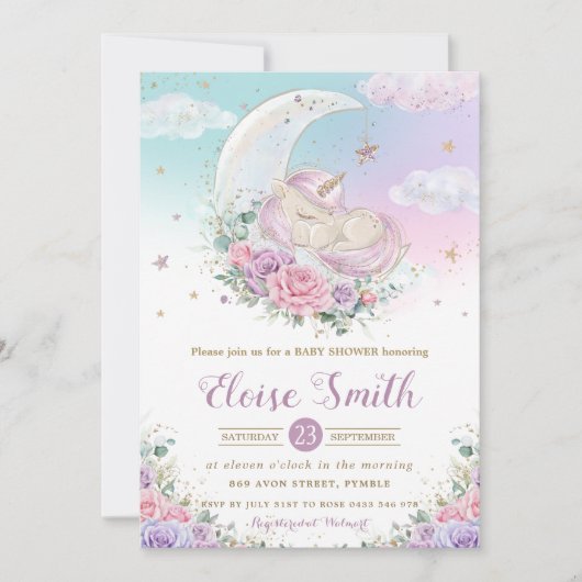 Whimsical Unicorn Moon Paars Floral Baby shower Kaart (Voorkant)
