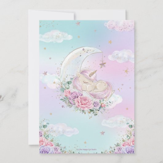 Whimsical Unicorn Moon Paars Floral Baby shower Kaart (Achterkant)