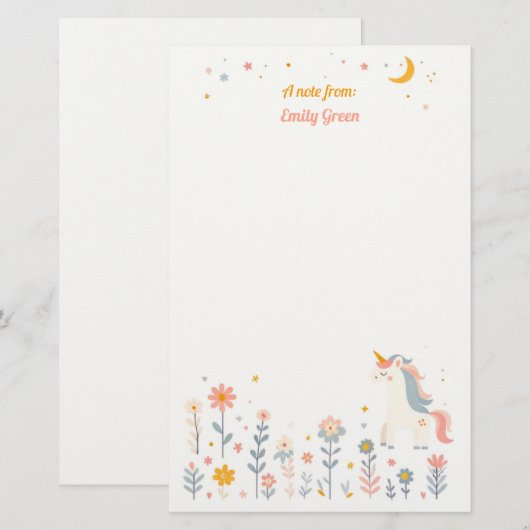 Whimsical Unicorn Night Garden Stationery Briefpapier (Voorkant / Achterkant)
