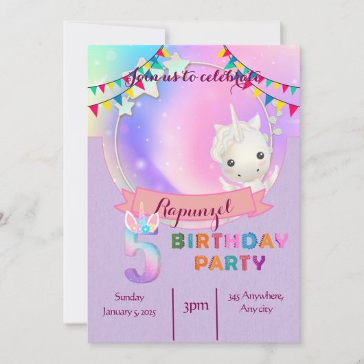 Whimsical Unicorn - Uitnodiging voor het 5e verjaa (Voorkant)